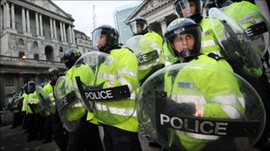 Metropolitan police officers on duty in the City of London during clashes between police and protesters at the time of the G20 sum